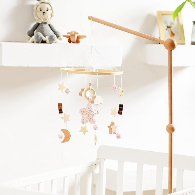 let's make Baby Crib Mobile for Boys Girls| Boho Nursery Mobile| Gender Neutral Hand-Crocheted Mobile| Ceiling Mobile - Stars, Clouds, Moon (Pink)