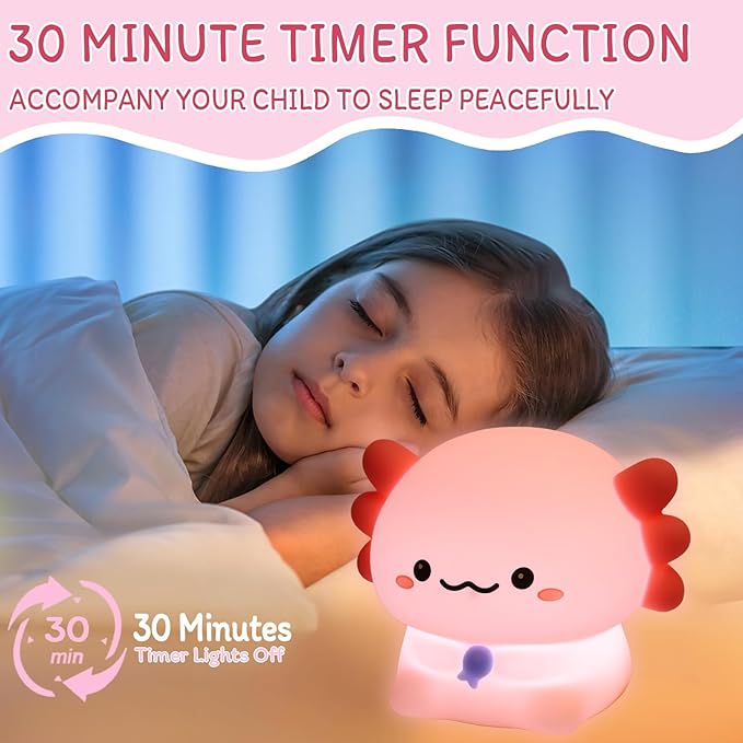 Axolotl Night Light for Kids - 3-Level Dimmer & Auto-Off Timer, Child-Safe Silicone Lamp, USB-C Rechargeable Nursery Light for Bedroom Breastfeeding (Squishy Animal)