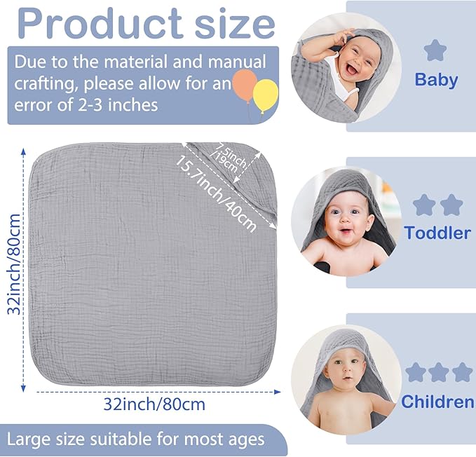 Peryiter 4 Pcs Muslin Hooded Baby Towels, 32"x 32" Cotton Newborn Bath Towel Muslin Infant Baby Blankets Absorbent Unisex Christmas Registry Gift Essentials for Girls Boys (Green,Gray,Brown,Blue)