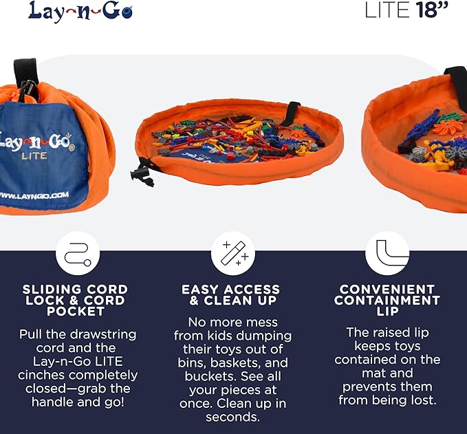 Lay-n-Go 2-in-1 Small Portable Drawstring Toys Storage Organizer and Play Mat for Room and Travel, Made for Kids and Toddlers with a Durable Patented Design