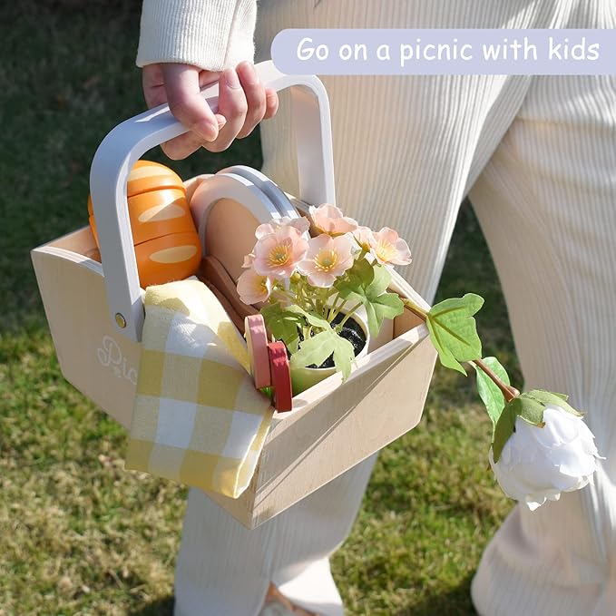 Wooden Picnic Basket Play Food Set – 21 PCS Pretend Kids Kitchen Toy with Blanket, Cutting Fruit & Dual Place Settings – Imaginative Outdoor Role-Play Gift for Toddlers Ages 3+
