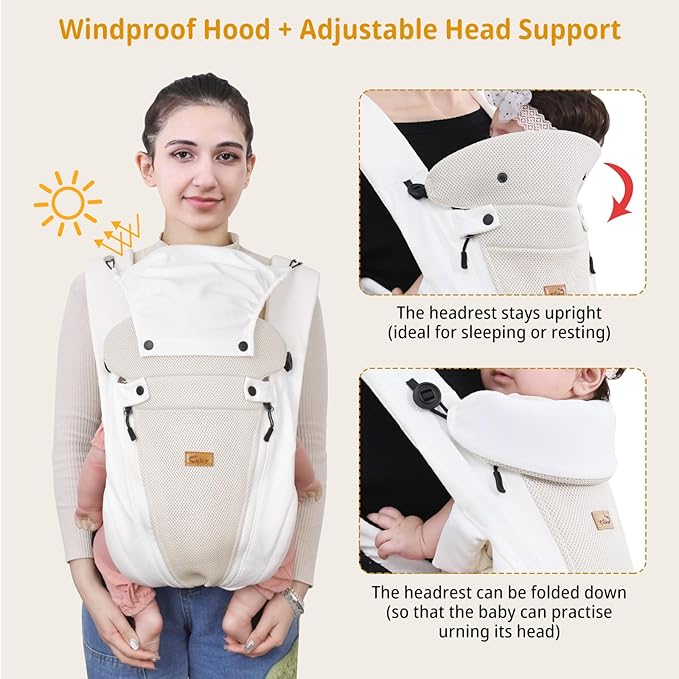 CUBY Newborn Baby Carrier with Head Support and Sunshield, Breathable & Adjustable Newborn Toddler Front Baby Carriers Sling, Hands-Free Newborn Carrier up to 40lbs(White, Classic-with Inner Crotch)