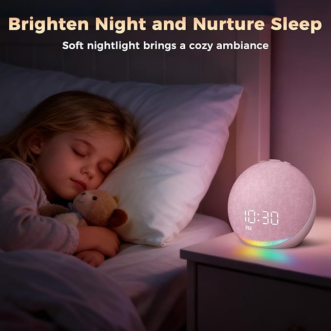 Sound Machine Alarm Clock for Bedroom: 25 Natural Sleep Sounds - White Noise Machine for Adults Kids Baby - Gentle Wake Up Alarm with Bluetooth Speaker - Pink