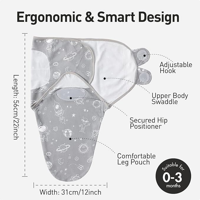 GLLQUEN BABY Organic Newborn Swaddles Sleep Sack, Swaddle Blankets for Baby Boy, 3 Pack Adjustable Wrap Set, Gray Starry Sky & Astronaut, 0-3 Months (Small/Medium)