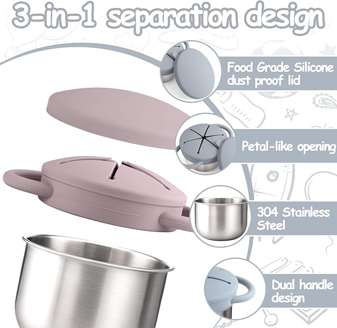 2-Pack Stainless Steel Snack Containers for Kids with Spill-Proof Silicone Lids & Handles - 3-in-1 Baby Snack Cups, No-Spill Toddler Snack Box, Perfect for On-the-Go Healthy Eating（Grey+Grey Purple）