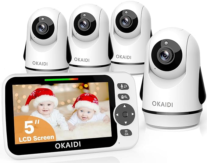OKAIDI Video Baby Monitor with 4 Cameras, 5" Display Baby Monitor No WiFi, 30H Battery and 1000ft Range, 2-Way Talk, 8 Lullabies, Remote Pan-Tilt-Zoom Baby Camera for Baby Pet Elderly