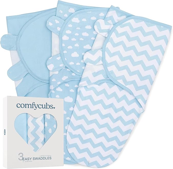 Comfy Cubs Easy Swaddle Blanket, 3 Pack - 100% Cotton Newborn Wrap, Large for 3-6 Months Infants, with Adjustable Velcro, Breathable and Durable Sleep Sack for Babies - Blue