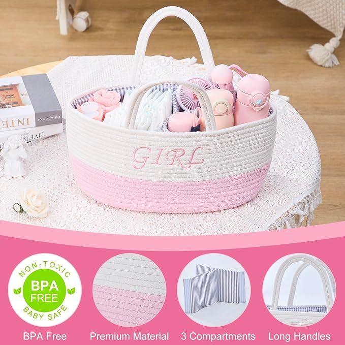 DUHEL Diaper Caddy Organizer with Handle,Baby Basket use for Diaper Organizer and Storage,Baby Girl Newborn Essentials,3 Compartments-Cotton rope Material Storage for Home or Travel. (White＆Pink)