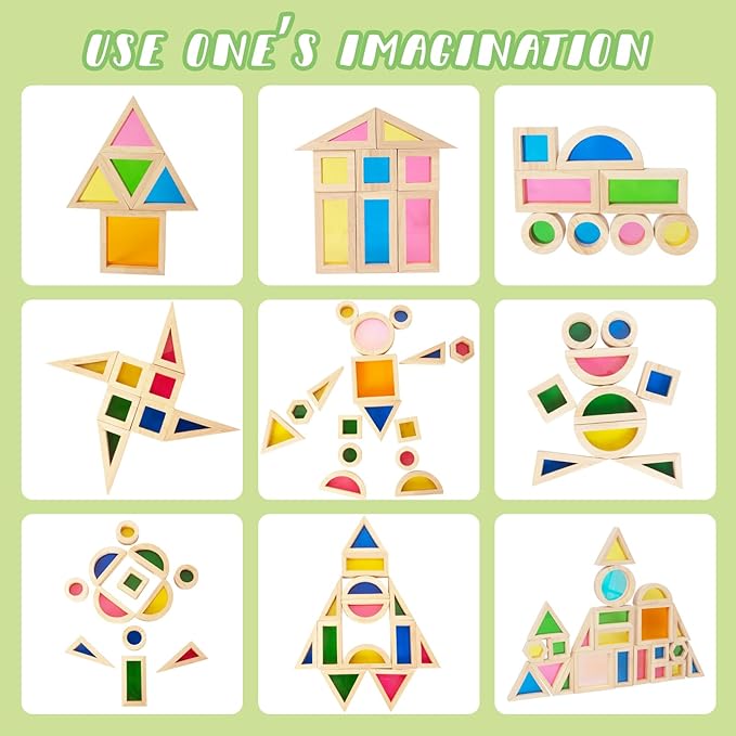 Wood Building Blocks Set for Kids, 32 Pcs Rainbow Stacker Stacking Game Construction Toys Set Preschool Colorful Learning Educational Toys, Geometry Wooden Blocks for Boys Girls