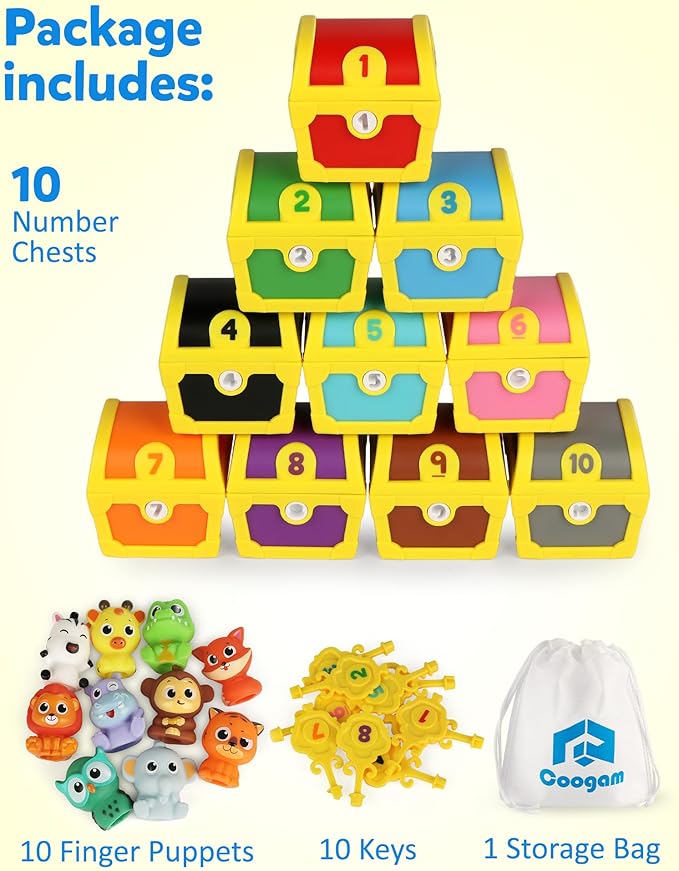 Coogam Fine Motor Skill Toys for Toddlers, 10pcs Surprise Animals Finger Puppets Treasure with Number Locks, Matching Color Sorting Pirate Hunt Game, Learning Montessori Gift for 3 4 5 Year Old