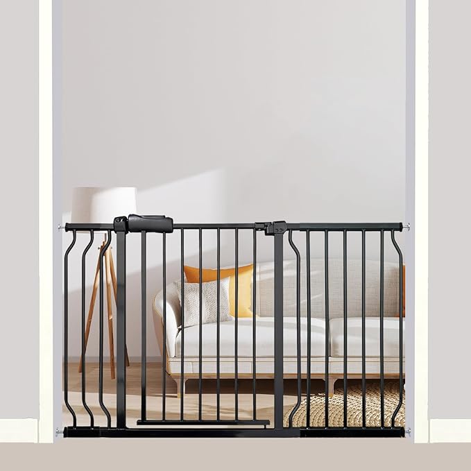 Extra Wide Baby Gate 48-52.7 Inch - Tension Mounted Dog Gate Indoor for Banisters & Wide Hallways - Black Metal, Walk-Through Safety Gate for Kids & Pets
