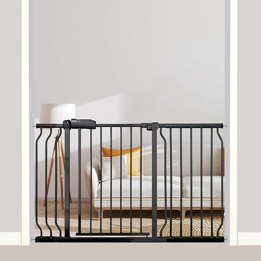 Extra Wide Baby Gate 48-52.7 Inch - Tension Mounted Dog Gate Indoor for Banisters & Wide Hallways - Black Metal, Walk-Through Safety Gate for Kids & Pets