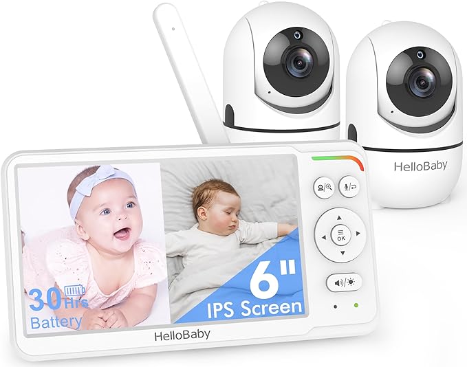 HelloBaby Baby Monitor with 2 Cameras, World First 6" IPS Split Screen, Display and Double Cameras, No WiFi, 30H Battery, 2-Way Audio, Pan-Tilt-Zoom, VOX Mode, Night Vision, 8 Lullabies, 1000ft Range