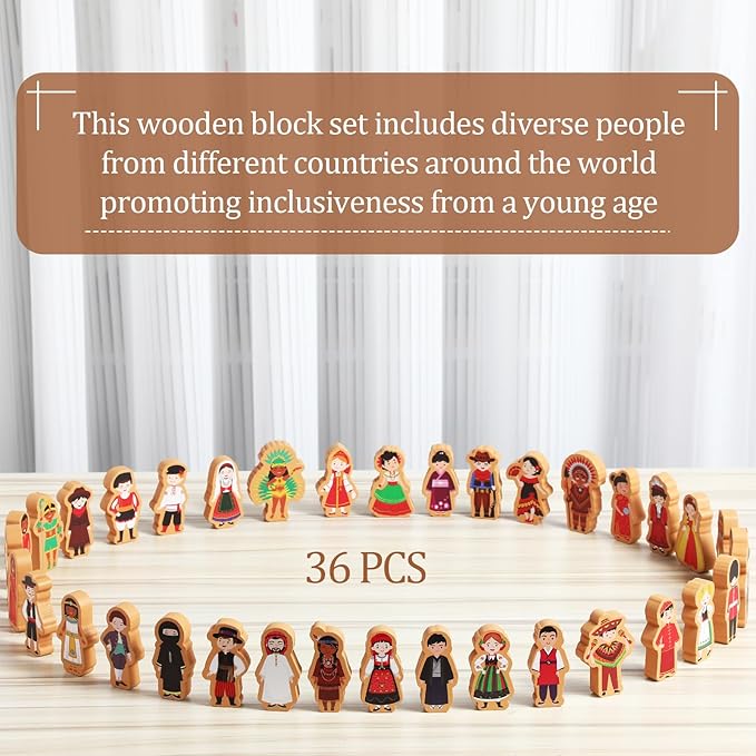 Blosssound 36 Pcs Multicultural Wooden Character Set Small Wooden People Figures Small Diversity Country Couples Wood Blocks for Preschool Classroom Play Games Educational Activity Supplies
