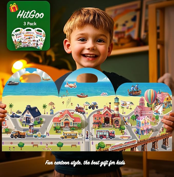 3-Pack Reusable Sticker Books for Toddlers 2-4 Years, Vehicles Truck, Animals & Farm Jelly Activity Stickers for Boys Girls Road Trip Airplane Train Travel Essentials Toy for Kids Birthday Gifts