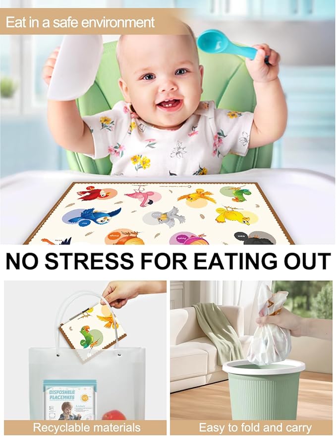 45 Pack Sticky Disposable Placemats for Baby & Toddlers,Cute Color Bird Toddler Placemat 12"x18" Kids Table Mat for Party, Picnic Table, Restaurants Dining Table Travel Essentials for Toddlers