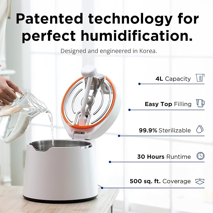 Carepod One Stainless Steel Humidifier for Large Room, Quiet & Safe for Baby, Only 3 Washable Parts & Easy to Clean, Ultrasonic Cool Mist Humidifiers for Bedroom, Filter-Free, Lasts 30Hrs (1Gal/4L)