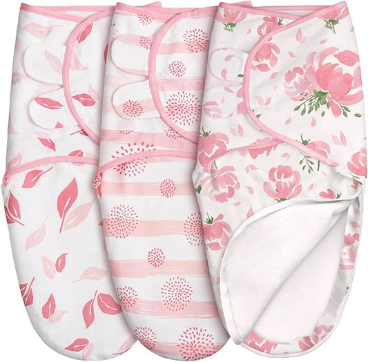 GLLQUEN BABY Baby Swaddle Sleep Sacks with Zipper - 3-Pack Newborn Swaddling Sack, Baby Swaddles Sleep Sack 0-3 Months,Pink Floral or Leaves, Swaddling Blankets 3 Pack Wrap Set, Easy Change Swaddle
