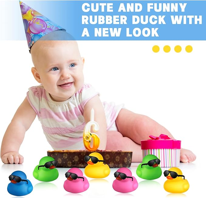 Chivao 12 Pcs Rubber Ducks with 12 Sunglasses/ Hats/ Headwear Small Mini Carnival Cruise Birthday Rubber Duckies Bathtub Toys in Bulk(Duck with Sunglasses,Multicolor)
