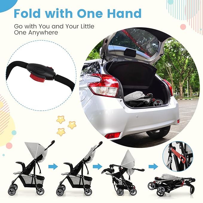 Baby Joy Lightweight Stroller, Compact Toddler Travel Stroller for Airplane, Infant Stroller w/Adjustable Backrest/Footrest/Canopy, 5-Point Harness, Storage Basket, Easy One-Hand Fold (Gray)