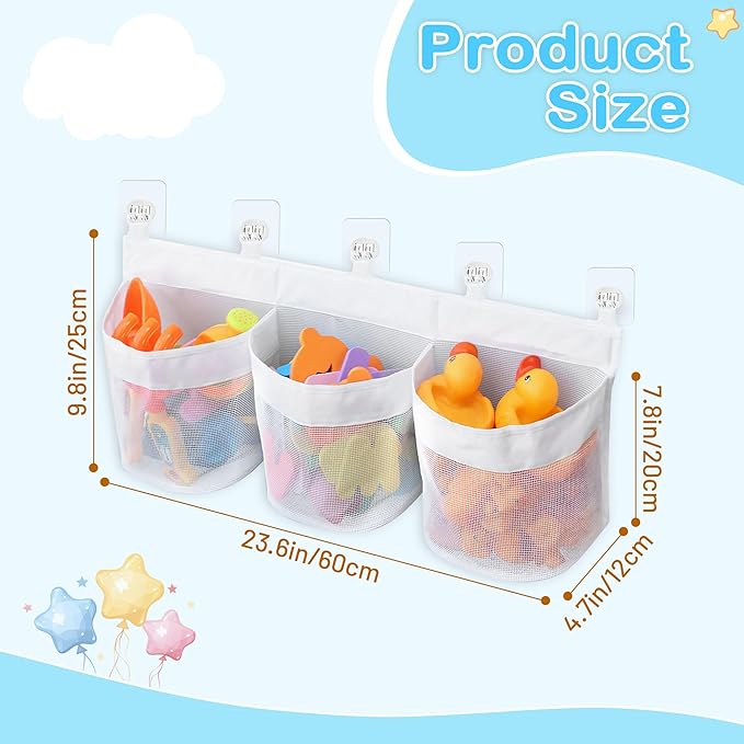 Bathtub Toy Storage, 3 Compartments Bath Toy Holder, Bath Toy Organizer with 5 Hooks Convenient Suspension, Mesh Material Bathtub Toy Storage Keeps Toys Dry & Breathable, Develop Children's Habits