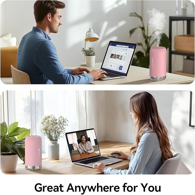 Portable Mini Humidifier, KQLKJ 350ml Small Cool Mist Humidifiers, USB Personal Desktop Humidifier for Bedroom Car Office Travel with Auto Shut-Off & 2 Mist Modes (Pink)