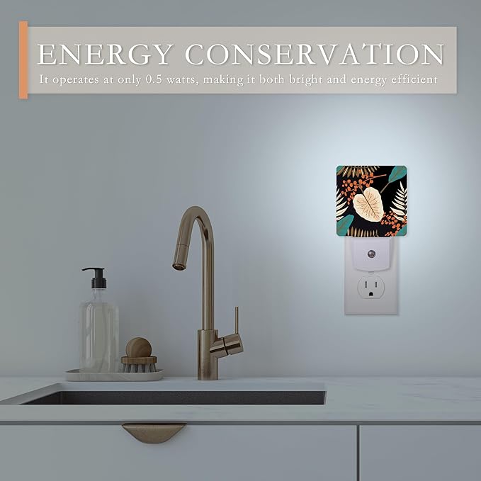 Tropical Leaves Night Light - Plug into Wall, Blue Orange and Black Flowers Night Light with Dusk to Dawn Sensor for Room Decor, Hallway, Kitchen, Bathroom