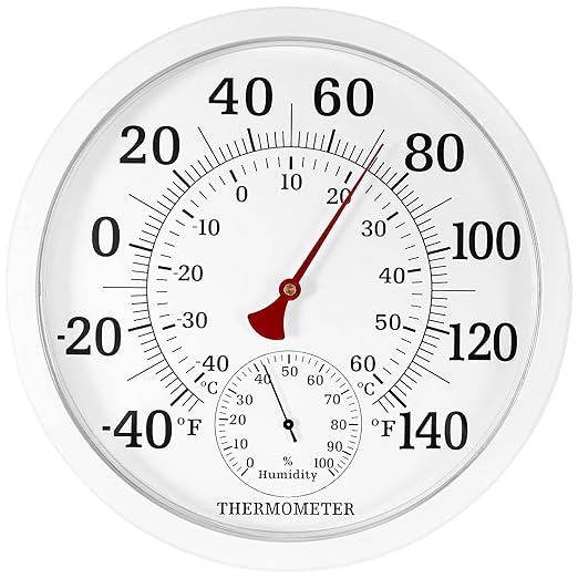 10.5 Inch Indoor Outdoor Thermometer Large Numbers - Weather Thermometer Hygrometer Waterproof, No Battery Needed Outdoor Thermometers for Patio, Home, Garden Decoration (White)