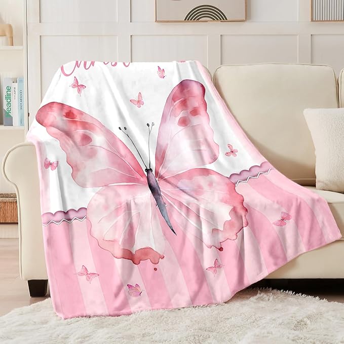 Personalized Baby Blanket for Girls, Custom Baby Blanket with Name, Soft Cozy Personalized Name Blankets for Kids, Customized Butterfly Blankets for Infant Toddler Birthday Christmas