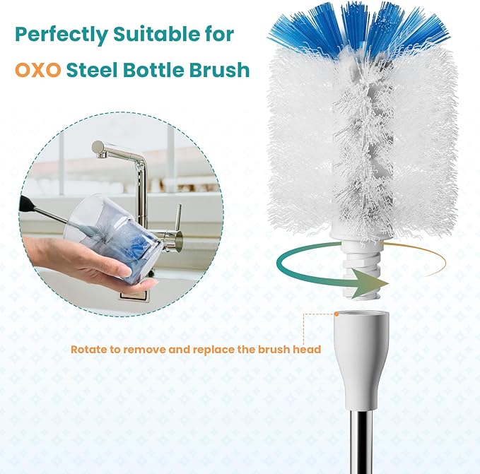 Bottle Brush Refills for OXO Stainless Steel Bottle Brush Only, 4 Pack Bottle Brush Replacement Head for Clean Water Bottle, Baby Bottle, Glasswares, Mugs