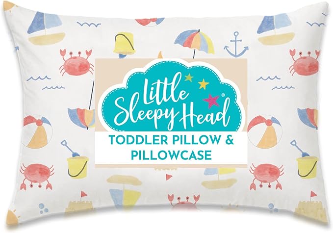 Little Sleepy Head Toddler Pillow with Pillowcase 13x18 - Kids Pillow for Sleeping - Better Neck Support Ergonomic Pillow and Toddler Pillowcase - Best Pillows for Kids (Beach Days)