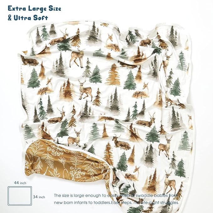 GRSSDER Baby Blankets Super Soft Stretchy Jersey Swaddle Blankets 2 Pack for Baby Boys, Double Layer Reversible Receiving Blankets 34 x 44, Extra Large for Swaddling, Deer & Forest