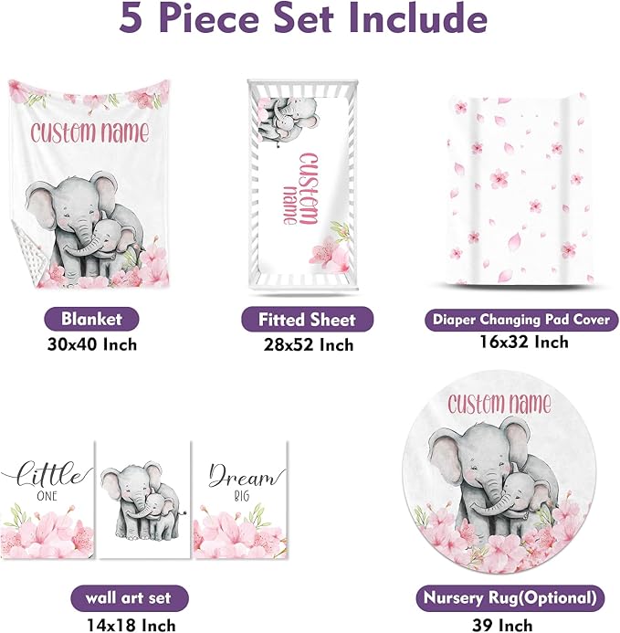 Personalized Baby Crib Bedding Set for Baby Girls, Pink Flower Elephant Design Custom Name Baby Crib Sets 5-Pcs, Toddler Double Layer Blanket Fitted Sheets Changing Pad Cover Rug Wall Art Set