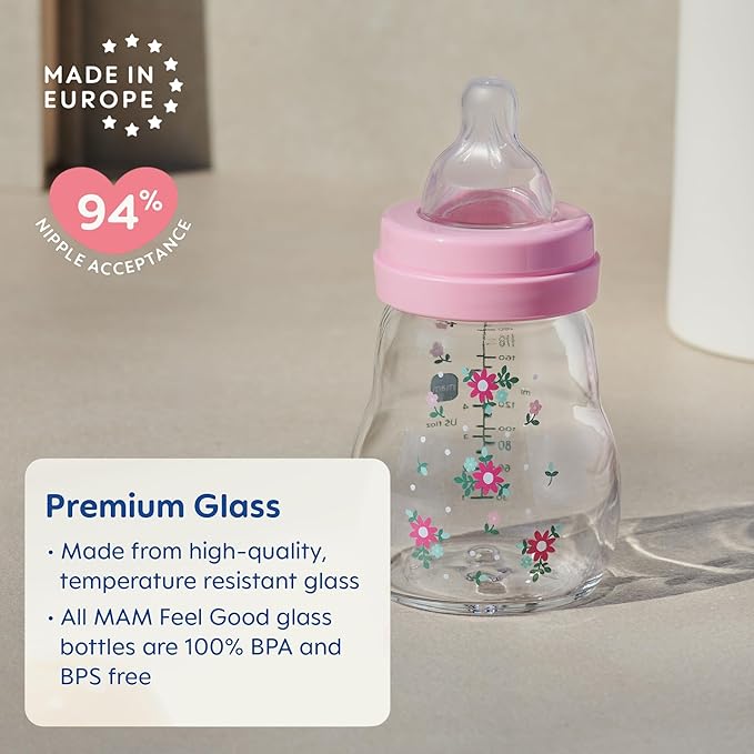 MAM Premium Glass Baby Bottles, Easy Switch Between Breast and Bottle, Feel Good Slow Flow, Newborn Essentials Must Have, 0+ Months, BPA Free, 6oz, Girl, 3 Pack