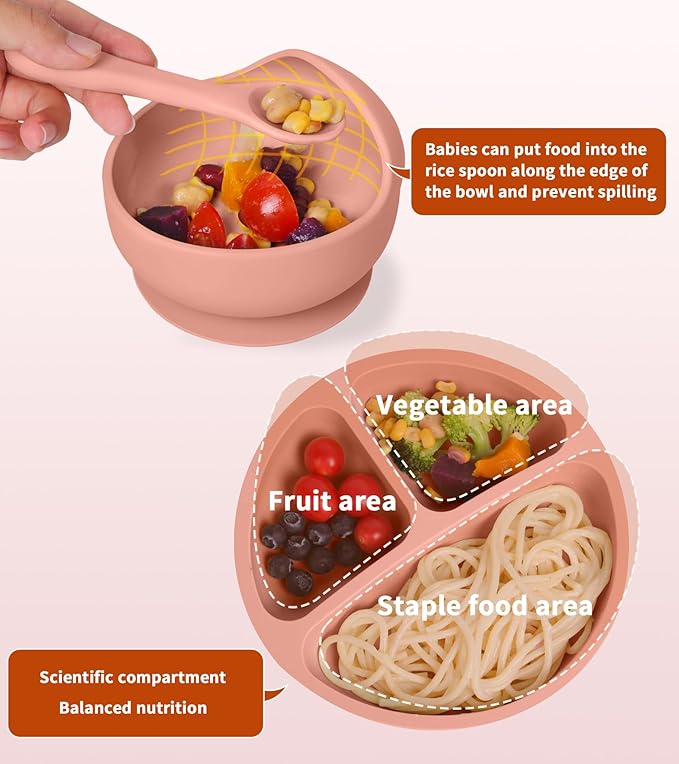 ECLIP Silicone Baby Feeding Set, 10 Pcs Baby Eating Essentials with Suction Bowl Divided Plate Adjustable Bib Soft Spoon Fork Snack Cup with Lid Drinking Cup, Utensil (Brick Red)