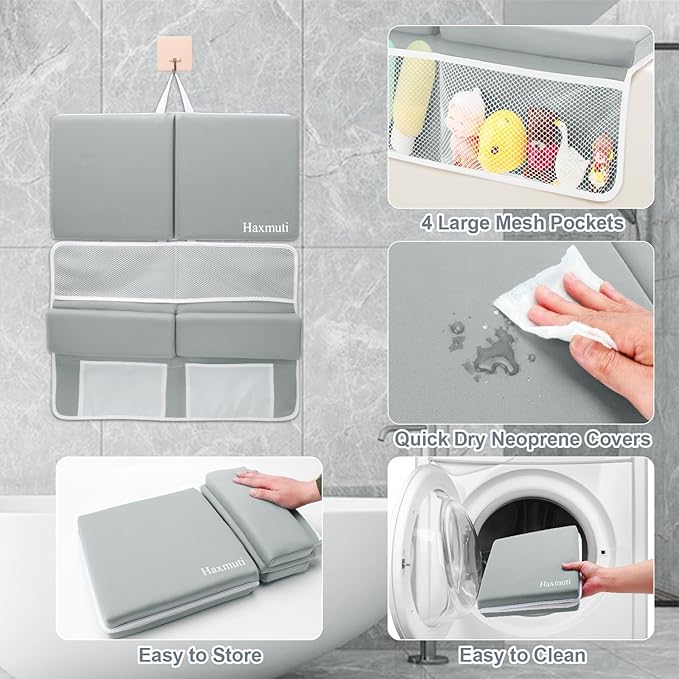 Bath Kneeler and Elbow Rest Pad Set, Thick and Quick Dry Kneeling Pad Support for Knee and Arm, Extra Large Baby Bath Kneeler Pads Bathtub Mat with Toys Organizer for Baby Bath Time, Grey