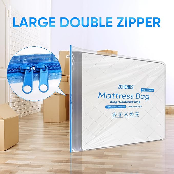 ZCHENBS® – Mattress Bags for Moving and Storage,Mattress Bag with Zippers,5 Mil Ultra-Thick Bed Bag,Waterproof,Anti-Tear,Heavy-Duty Mattress Bag (Transaparent/Blue, King/California King-(1 Pack)