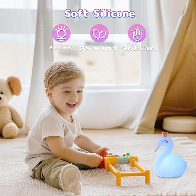 Silicone Night Light for Kids – Rechargeable Tap Control Lamp with 8 Colors, Cute Animal Design for Nursery, Toddler Room Decor, Gifts for Girls and Boys (Swan)