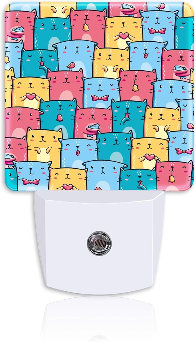 Cute Colorful Cats Night Light Plug into Wall with Dusk to Dawn Sensor Energy Efficient LED Nightlight for Women Girls Boys Room Decor,Hallway,Kitchen,Bathroom,Nursery,Stairs