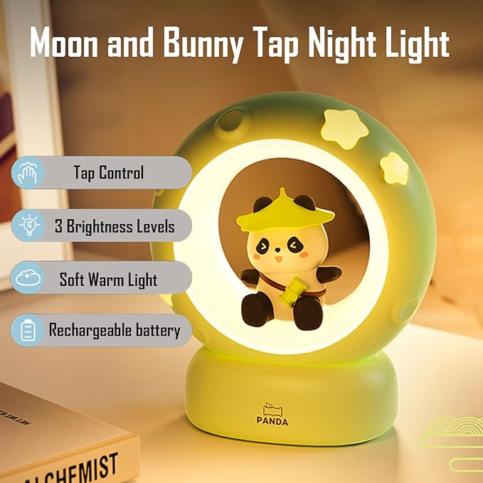 Cloud and Bunny Rechargeable Night Light, Safe Soft Silicone Material, 3 Brightness Levels, Tap Control, Warm Light, Toddler Sleeping Lamp, Bedroom Night Lamp, Gift for Baby and Kid (Moon and Panda)