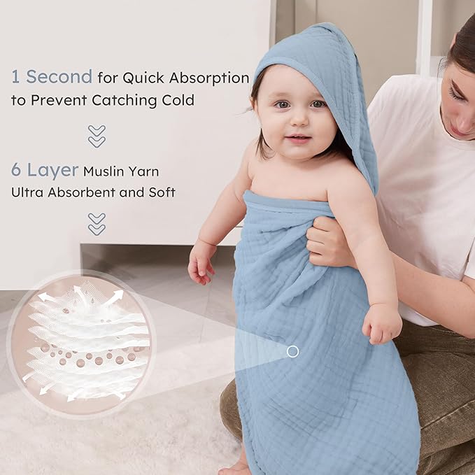 Looxii Baby Bath Towels 2 Pack Muslin Hooded Baby Towels for Newborn and Infants, 100% Cotton, Large 32x32Inch, Soft and Absorbent Gradient Blue