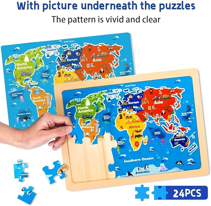 Christmas Wooden Puzzles for Toddlers 3-5,6 Packs 24Pcs Jigsaw Wooden Solar System Puzzles for Ages 4-8,Preschool Educational Brain Toys Gifts for Boys and Girls 2 4 3 5 Year Old（World Map）