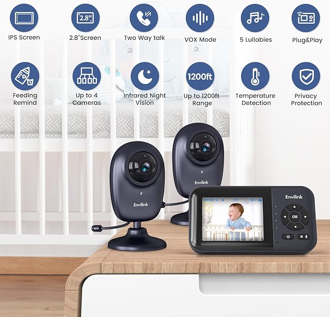 Smart Baby Monitor, 2.8in LCD, Night Vision, VOX, 2-Way Talk, 5 Lullabies 1500ft WiFi VideoBaby Monitor