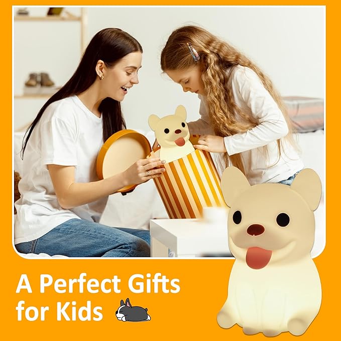 Attivolife Funny Dog Night Light, Puppy Bulldog Animal Silicone LED Touch Lamp with Timer Dimmable, USB Rechargeable Feeding Toddler Bedroom Bedside Decor Birthday Xmas Gifts for Kid Baby Child
