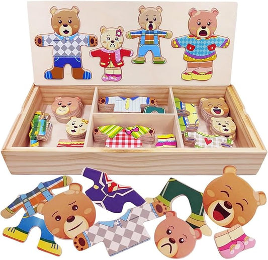 Wooden Bear Family Dress-up Puzzle Box for Toddlers(72pcs),Change Clothes Puzzle Games, Preschool Learning Activities Toys for Kids Ages 3+