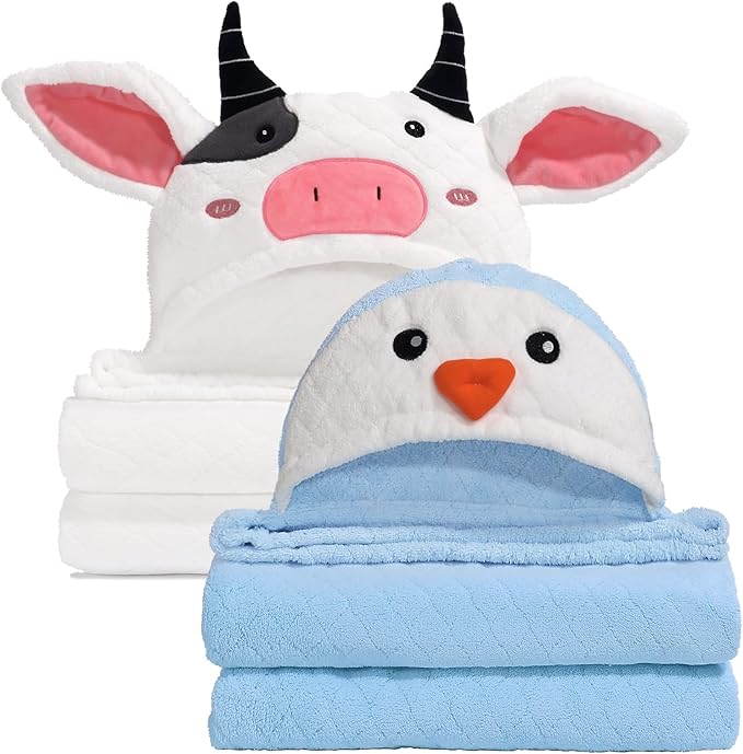 Baby Towels with Hood for 1-6, 2-Pack Toddler Bath Towel with Animal Face Soft Absorbent,Premium Coral Fleece Ultra Absorbent Thick Shower Gift for Kids Infant,White Cow &Blue Penguin Set