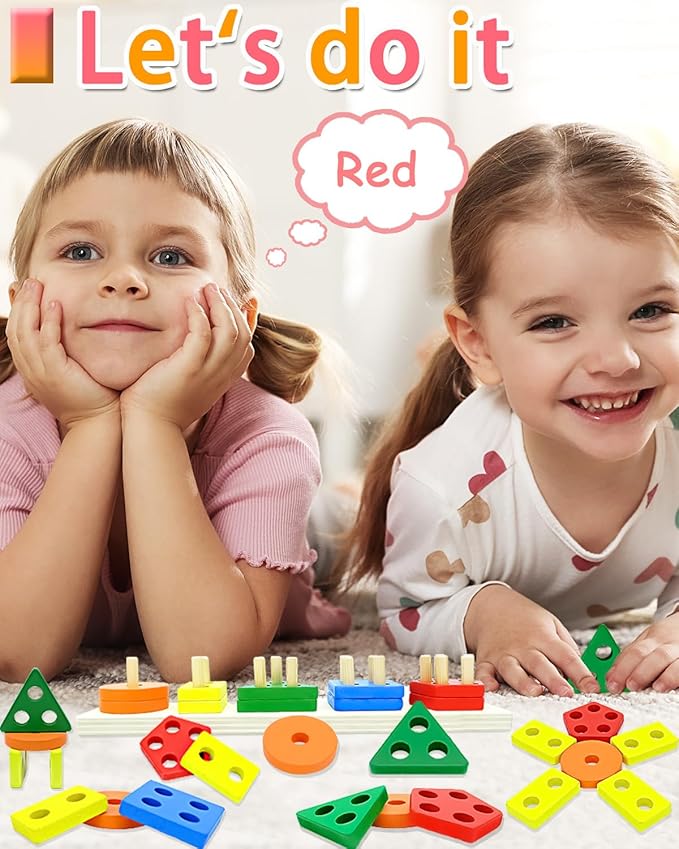 Montessori Toys for 1 2 Year Old Boys Girls, Toddler Toys for Age 1-2,1 2 Year Old Birthday Gifts, Wooden Blocks Sorting & Stacking Education Learning Toddler Puzzles Toy