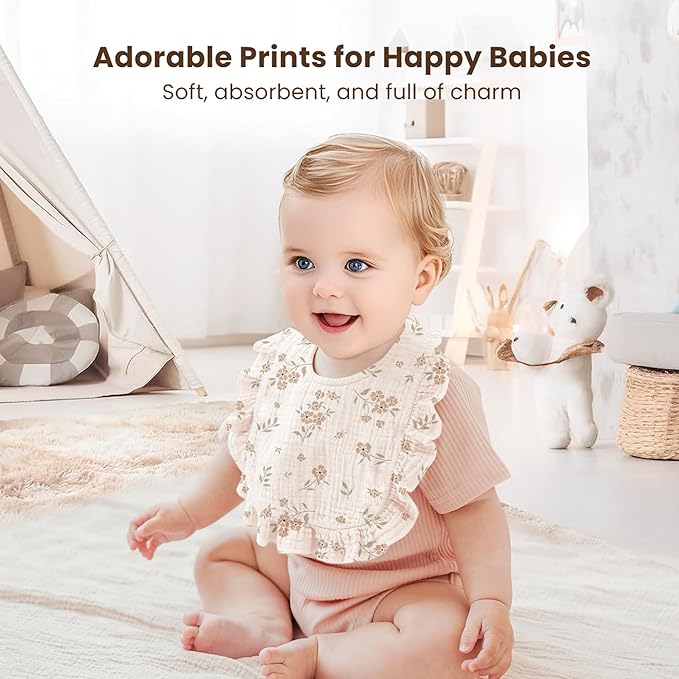 Konssy Muslin Baby Bibs for Girls – Soft 100% Cotton Drool Bibs, Ruffle Trim for Newborns & Toddlers 0-36 Months 3-Pack
