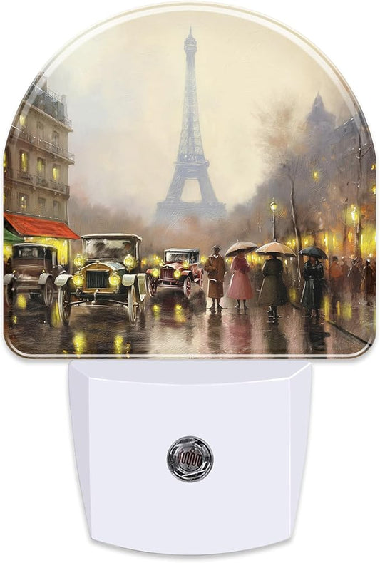 Paris Eiffel Tower Oil Painting Night Light for Kids,City Street Night View Night Light Plug in with Dusk to Dawn Sensor,0.5w Energy Saving Nightlight for Hallway Stairway Kitchen Bedroom