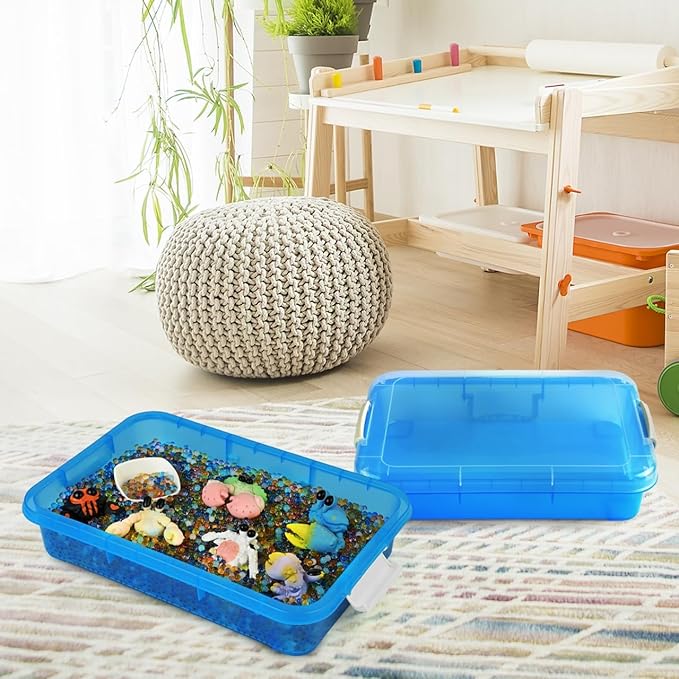 15 Inch Portable Sensory Bin Play Tray with Lid, Fill with Water, Sand, Beads and More (Blue)